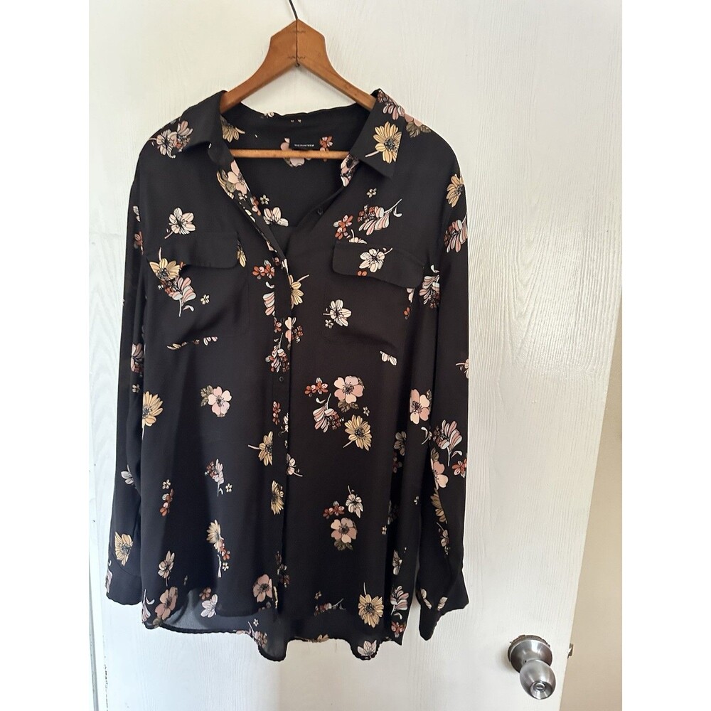 Who What Wear Black Pink Floral Button-Front Collared Long Sleeve Blouse 2XL